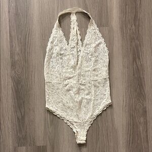 Free People Cream Lace Halter Bodysuit